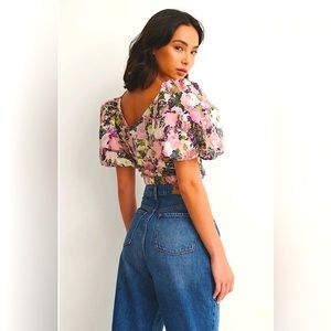 100% Cotton Floral Print Crop Top with Dramatic Puff Sleeves | New | Size: M